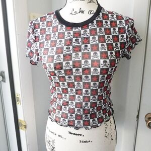 Widow Dolls Kill Mesh Crop Top Skulls Stars Checkered Black Red White Small